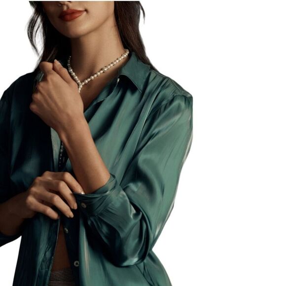 New! By Anthropologie Green Iridescent Button Down Top Sz XS - Picture 3 of 6